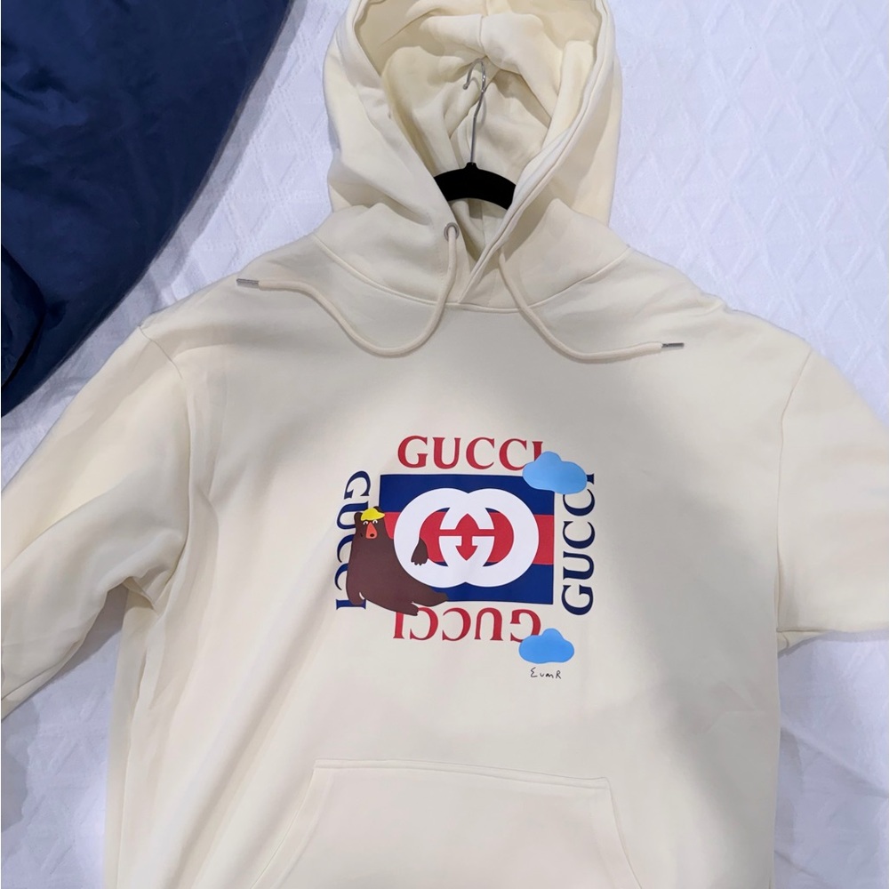 Gucci Cream Crewneck Hoodie with Red & Blue Logo